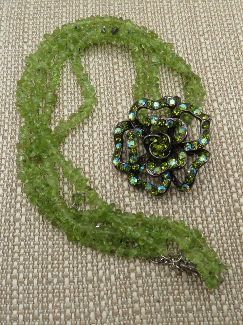 Peridot Beaded Necklace with Flower Rhinestone Accent Pendant